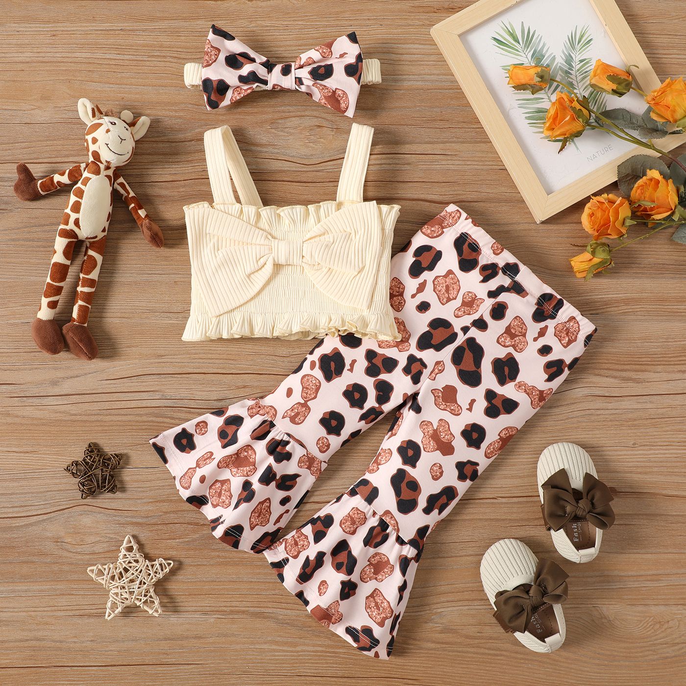 3pcs Baby Girl Cotton Ribbed Bow Front Crop Tank Top And Leopard Print  Naiaâ¢ Flared Pants & Headband Set