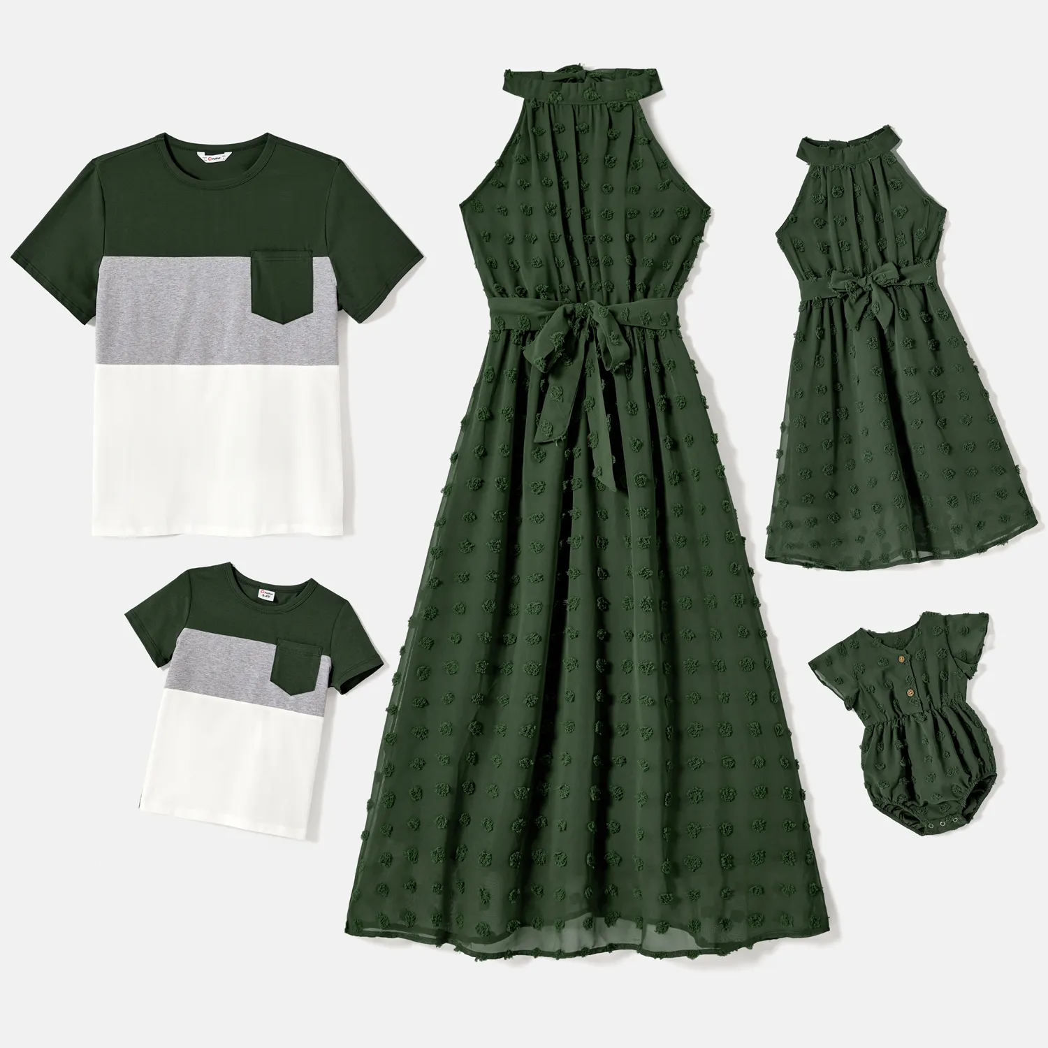 Family Matching Cotton Colorblock T-shirts and Solid Swiss Dot Halter Sleeveless Belted Dresses Sets Army green image 2