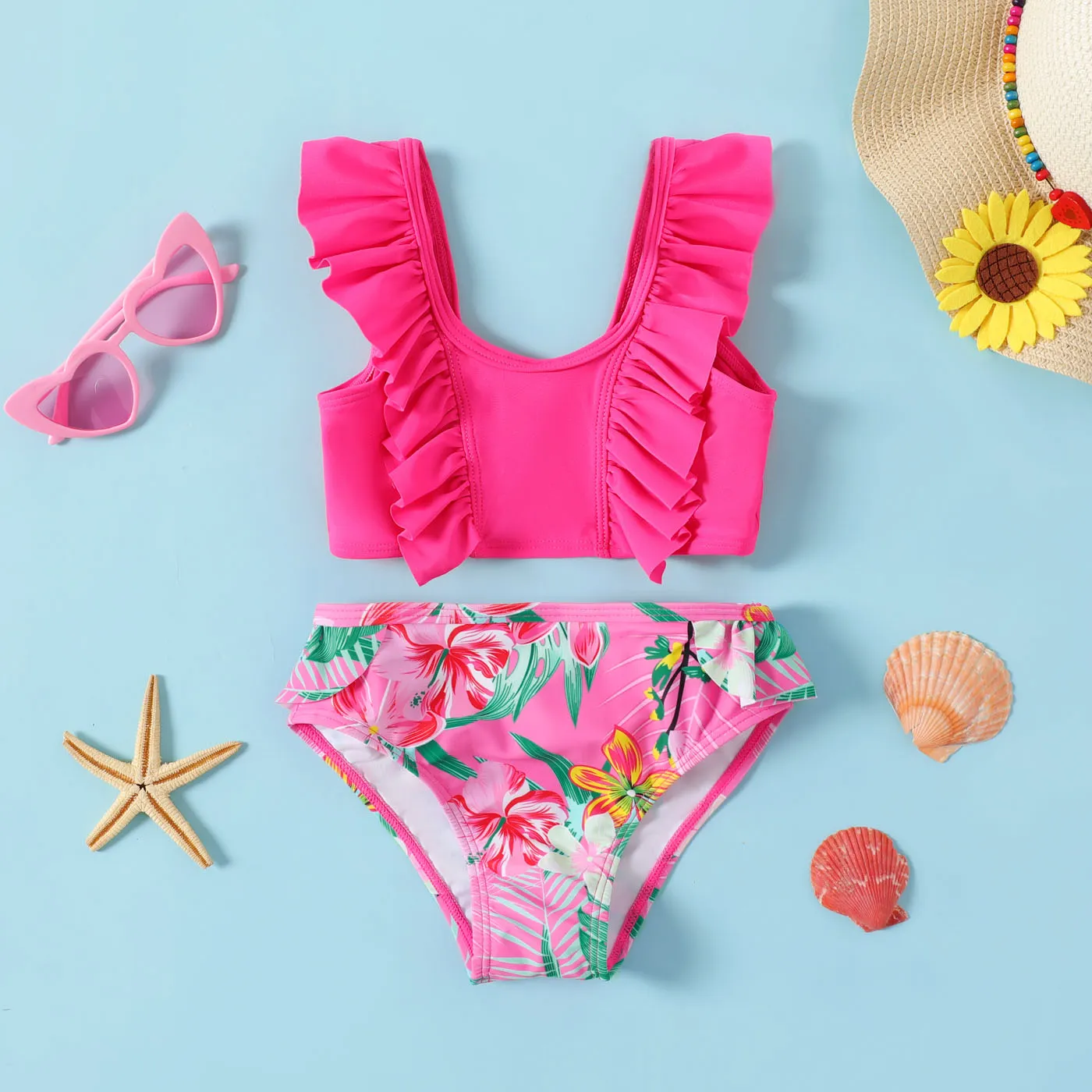 

2pcs Toddler Girl Ruffled Two-piece Swimsuit Set