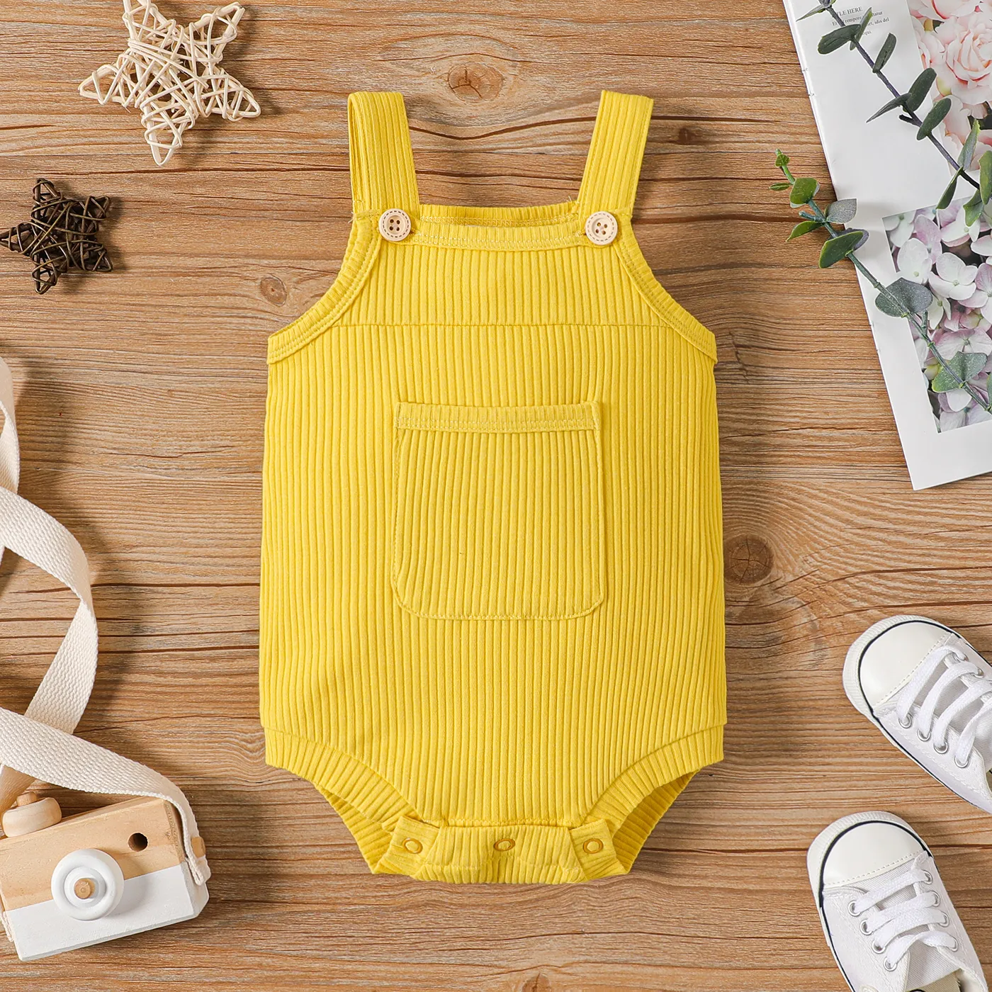Baby Girl 100% Cotton Solid Color Ribbed Sleeveless Rompers Yellow