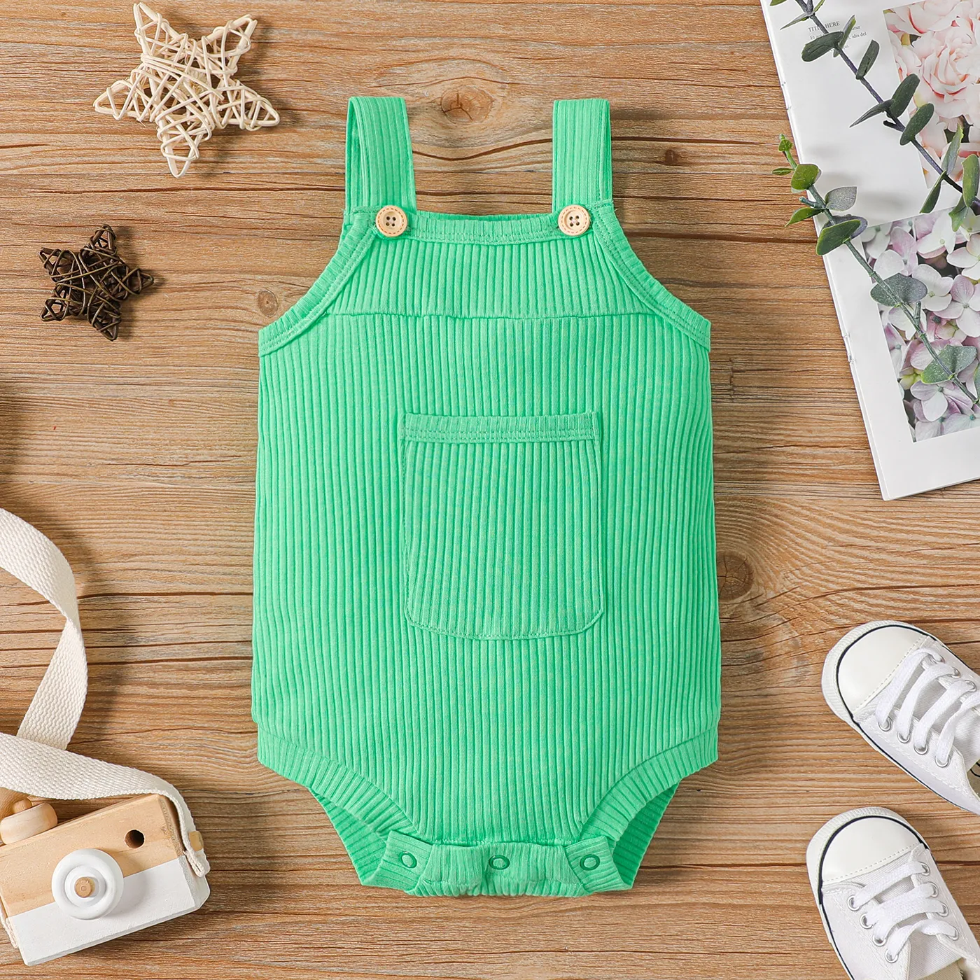 Baby Girl 100% Cotton Solid Color Ribbed Sleeveless Rompers Green