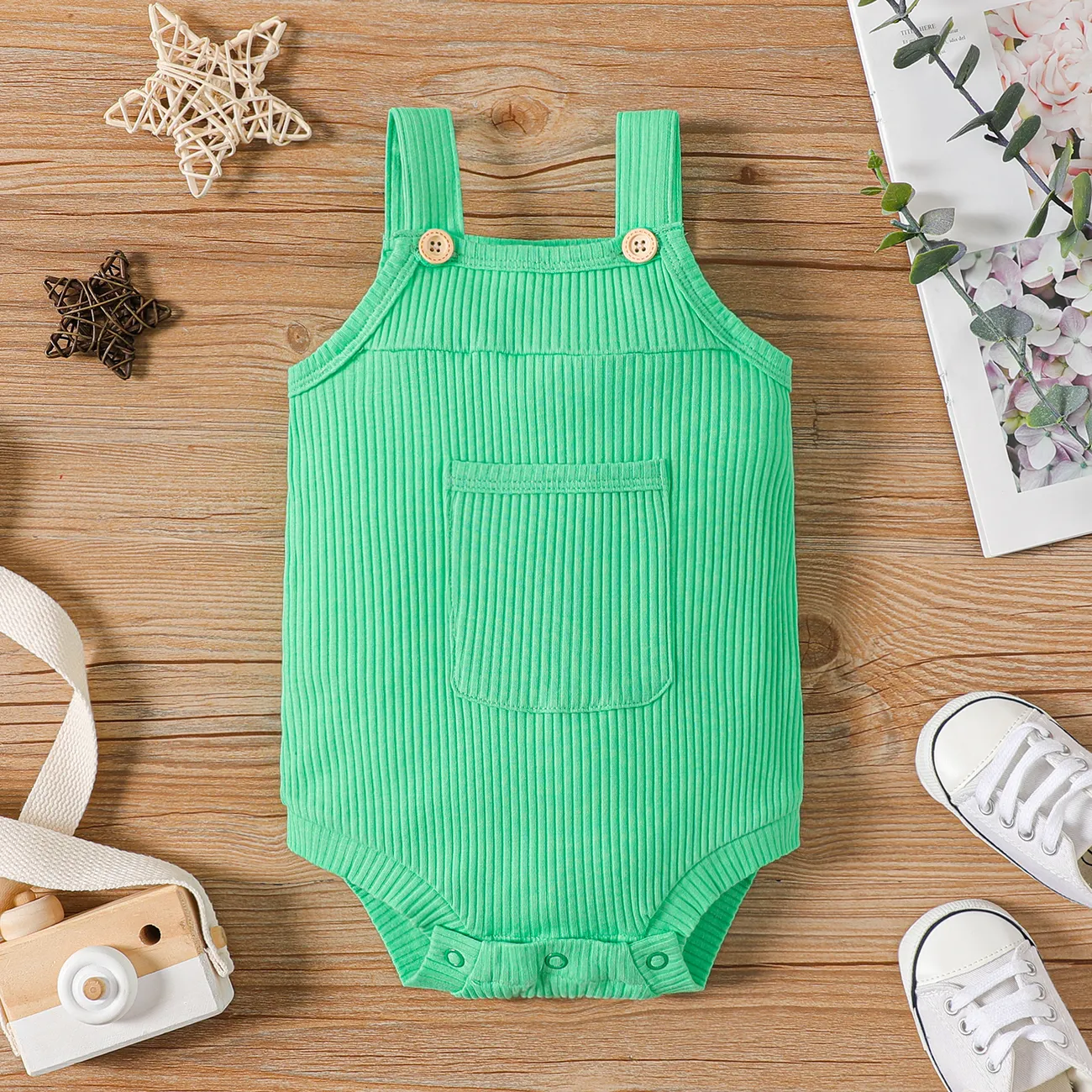Baby Girl 100% Cotton Solid Color Ribbed Sleeveless Rompers Green big image 1