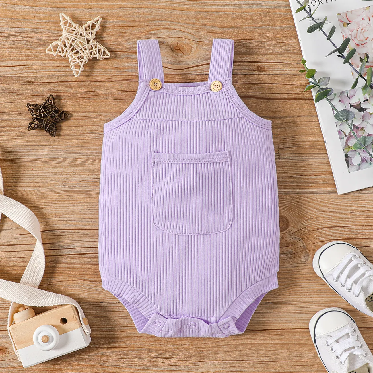Baby Girl 100% Cotton Solid Color Ribbed Sleeveless Rompers  big image 1