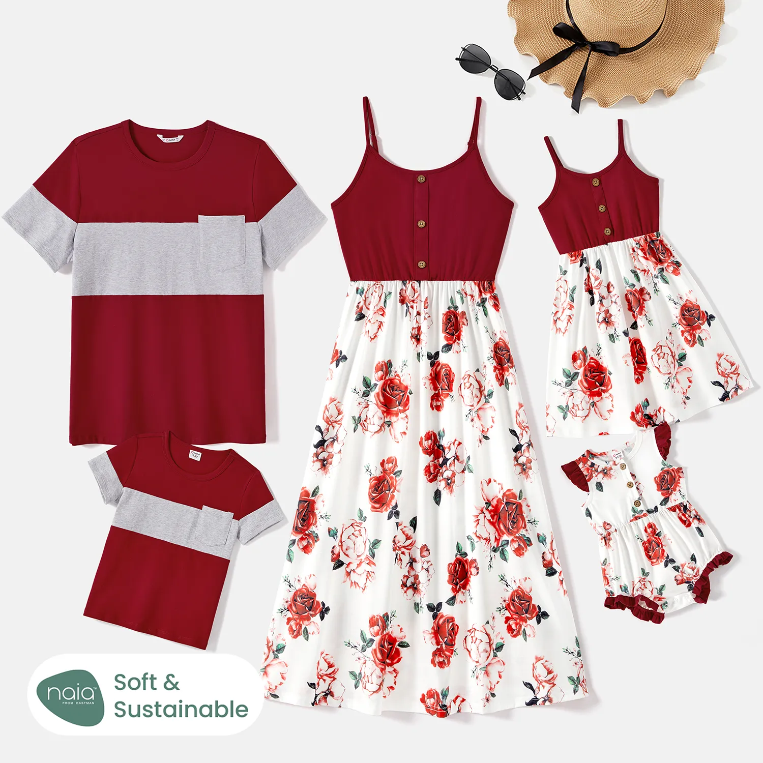

Family Matching Cotton Short-sleeve Colorblock T-shirts and Floral Print Spliced Naia™ Cami Dresses Sets