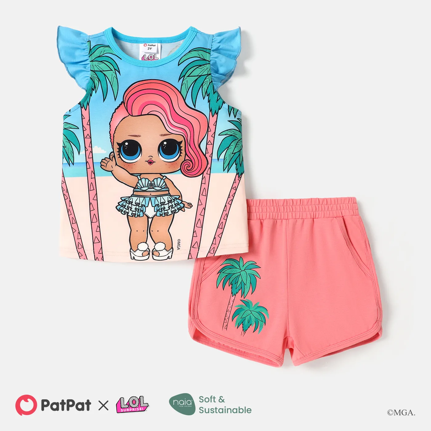 l.o.l. surprise! toddler/kid girl flutter-sleeve tee and tree print cotton shorts set