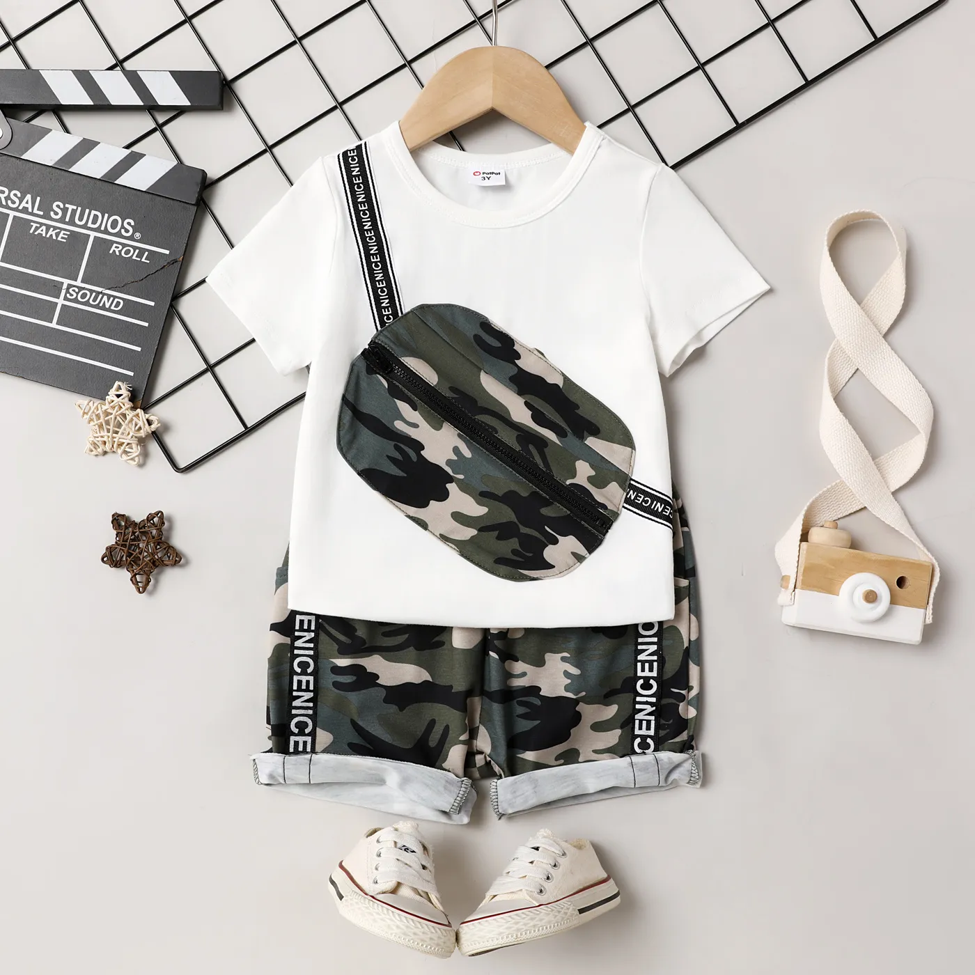 Naia 2Pcs Toddler Boy 3D Camouflage Sling Bag Decor Cotton Tee and Shorts Set