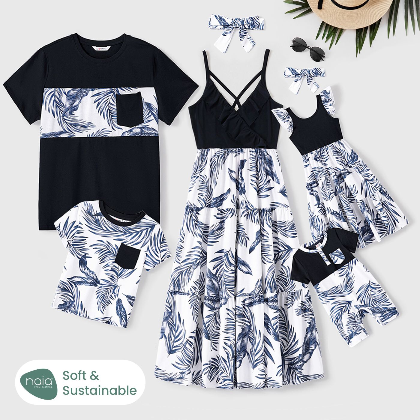 Family Matching Cotton Short-sleeve T-shirt And Plant Print Naiaâ¢ Spliced Ruffle Trim Cami Dresses Sets