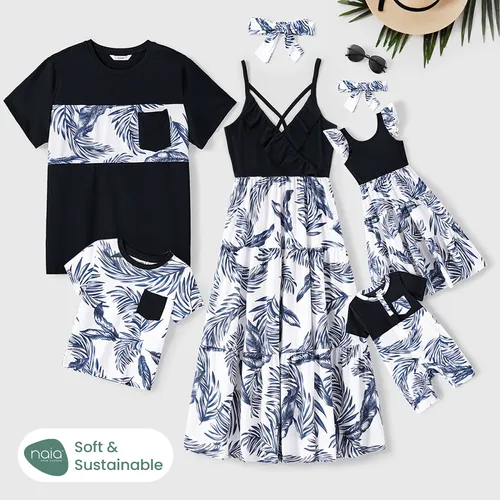 Family Matching Cotton Short-sleeve T-shirt and Plant Print Naia™ Spliced Ruffle Trim Cami Dresses Sets