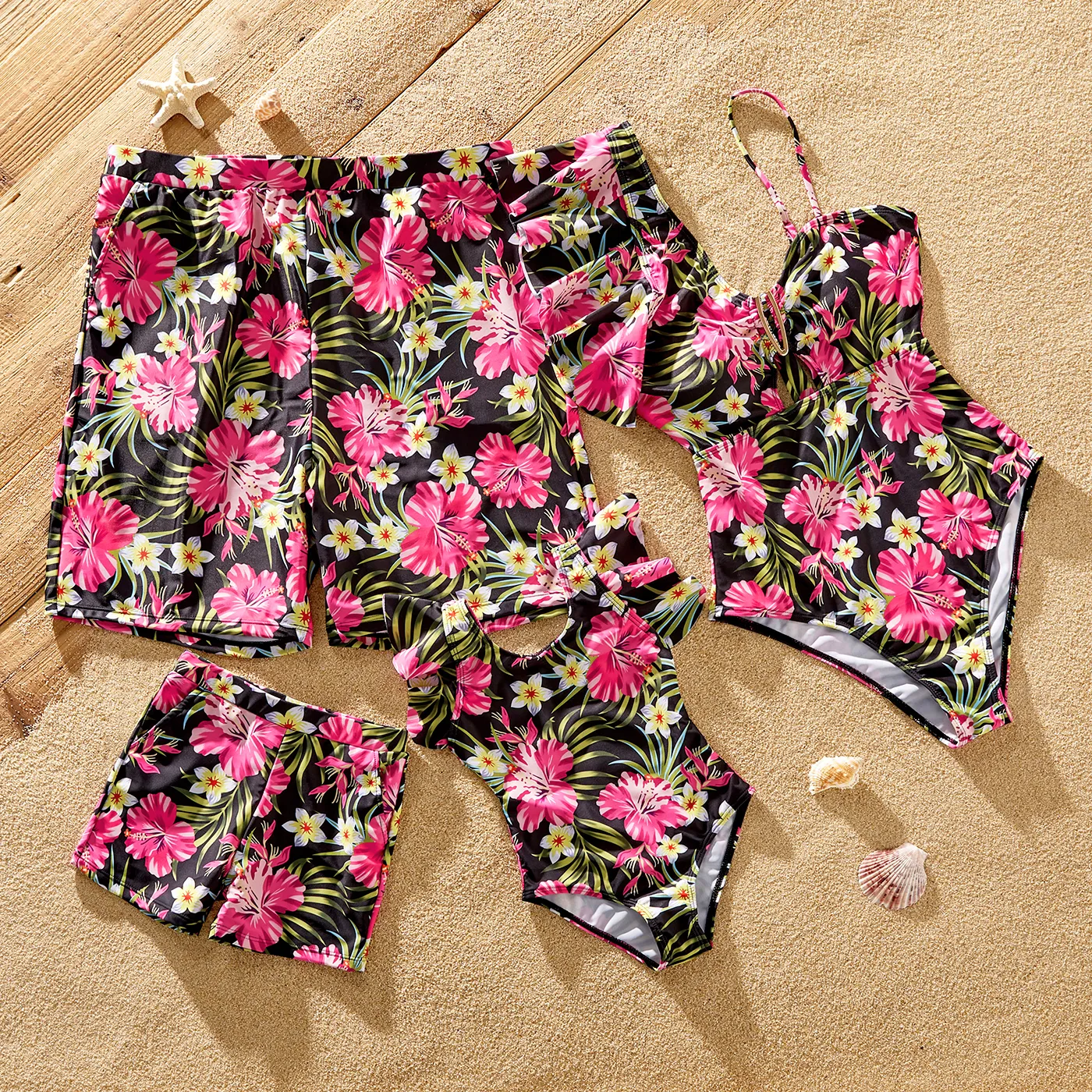 Family Matching Allover Floral Print Ruffle Trim One-piece Swimsuit and Swim Trunks