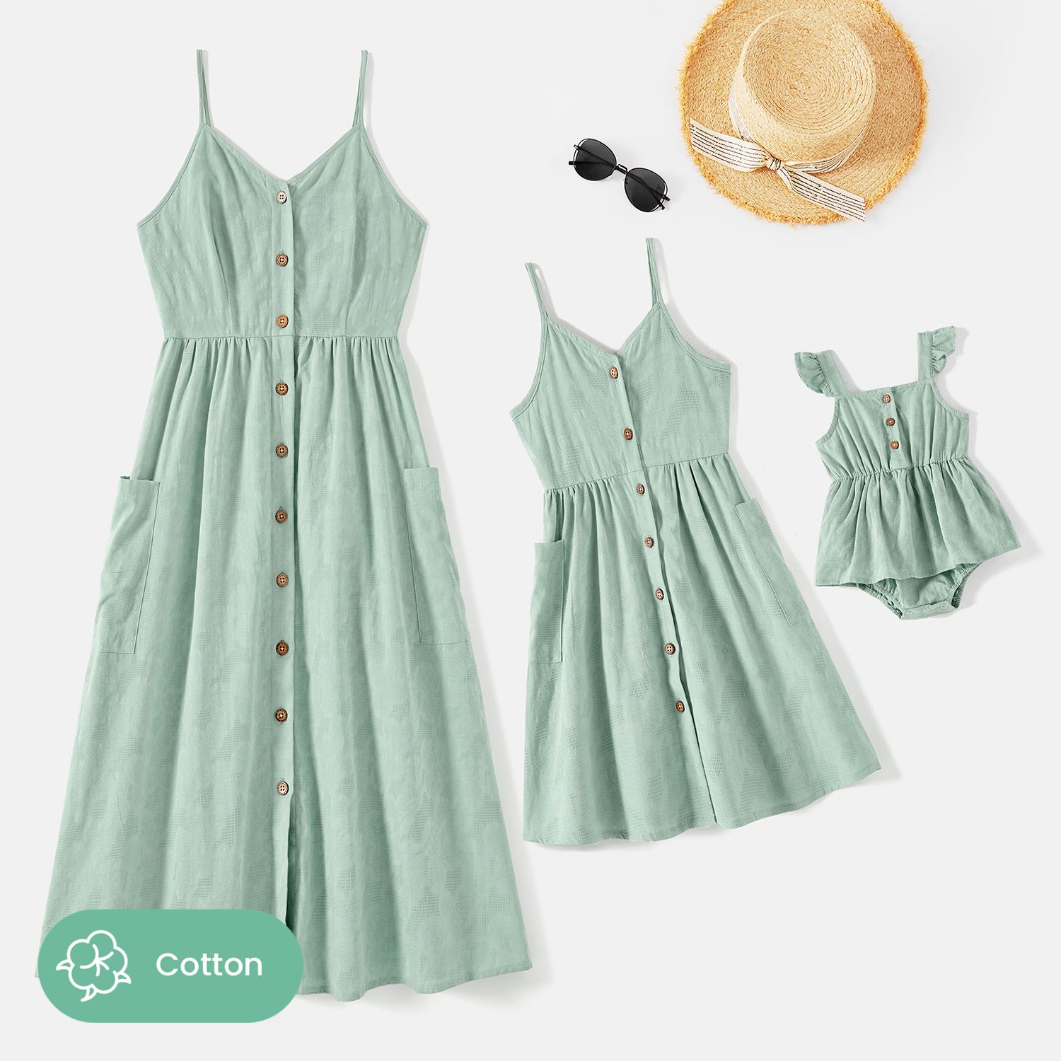 

Mommy and Me 100% Cotton Button Front Solid Cami Dresses