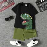 2pcs Kid Boy Dinosaur Print Short-sleeve Tee and Pocket Design Shorts Set Black