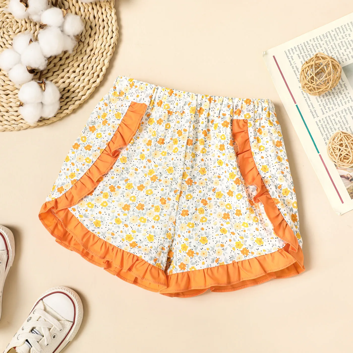 Toddler Girl 100% Cotton Floral Print Ruffled Elasticized Shorts  big image 1