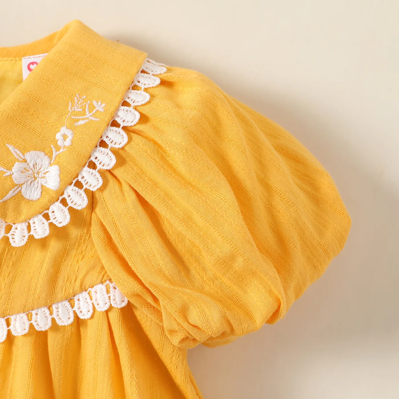 Baby Girl 100% Cotton Floral Embroidered Peter Pan Collar Puff-sleeve Dress Yellow image 5