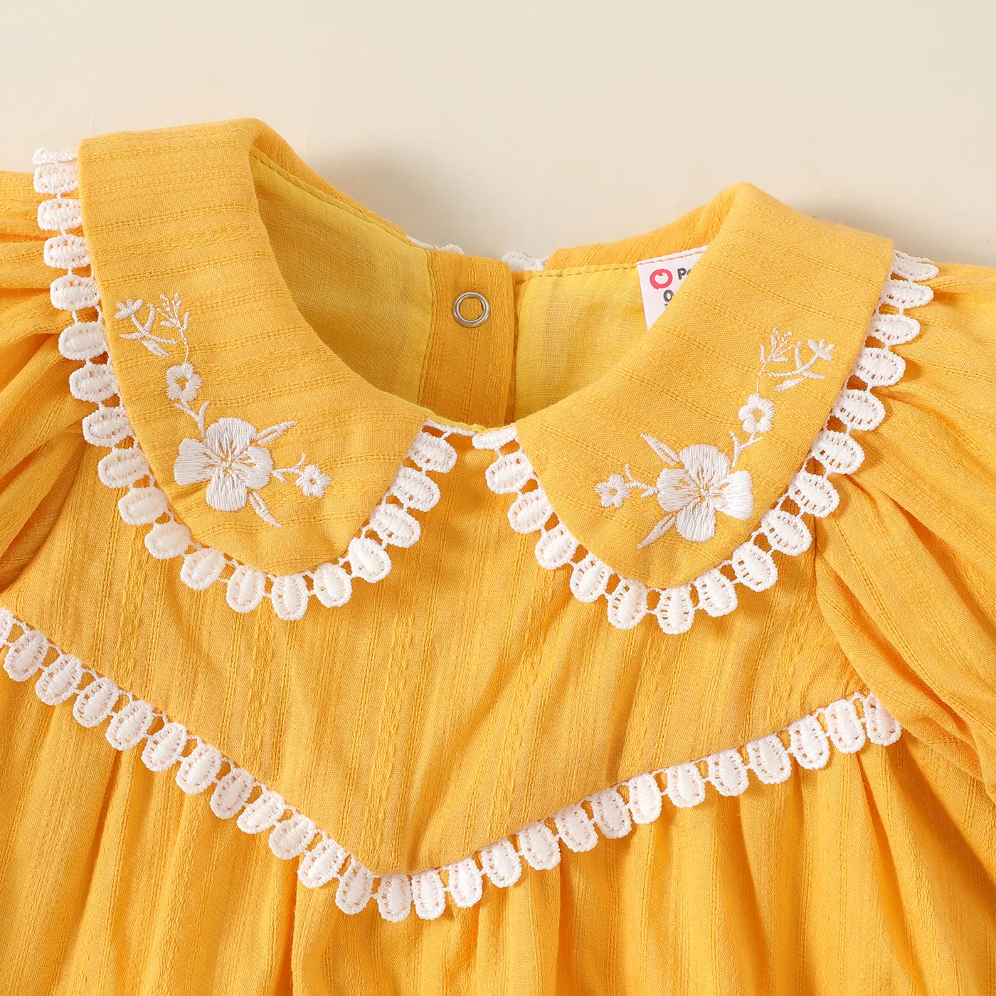 Baby Girl 100% Cotton Floral Embroidered Peter Pan Collar Puff-sleeve Dress Yellow image 4