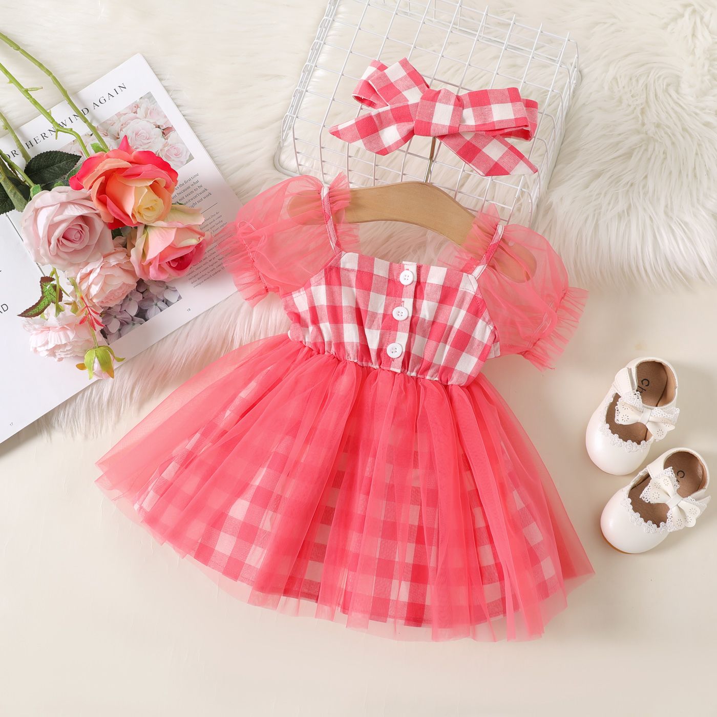 2pcs Baby Girl 100% Cotton Plaid Button Design Mesh Splice Short-sleeve Fairy Dress And Headband Set