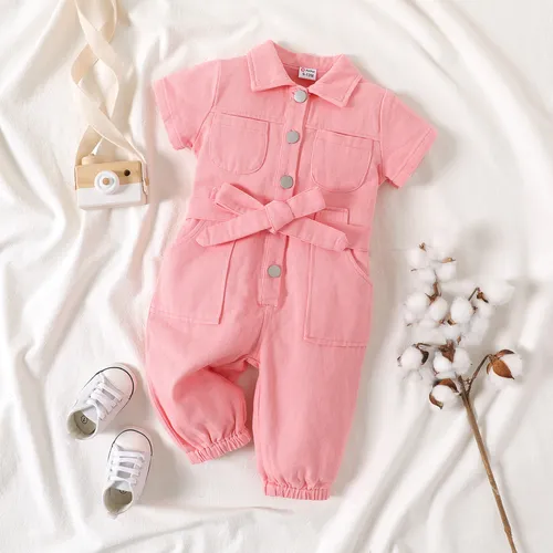 Baby Girl 95% Cotton Pink Denim Short-sleeve Belted Button Jumpsuit