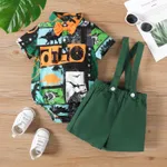 2pcs Baby Boy 100% Cotton Suspender Shorts and Allover Print Bow Tie Decor Short-sleeve Romper Set Green image 2