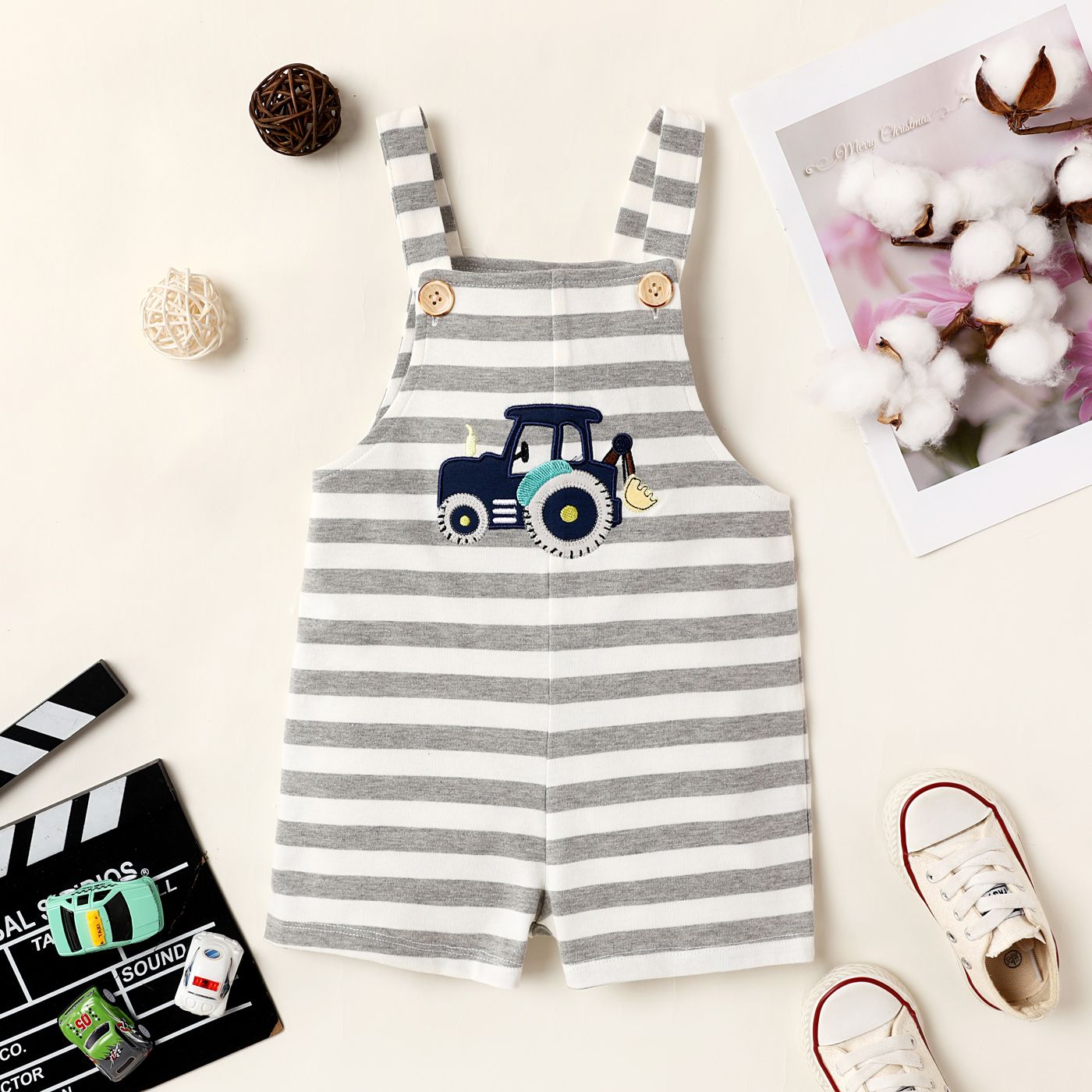 

Toddler Girl/Boy Vehicle Embroidered Striped Sleeveless Rompers