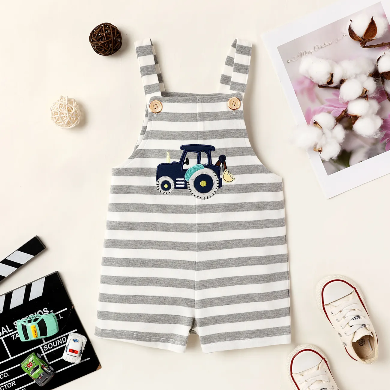 Toddler Girl/Boy Vehicle Embroidered Striped Sleeveless  Rompers  big image 1