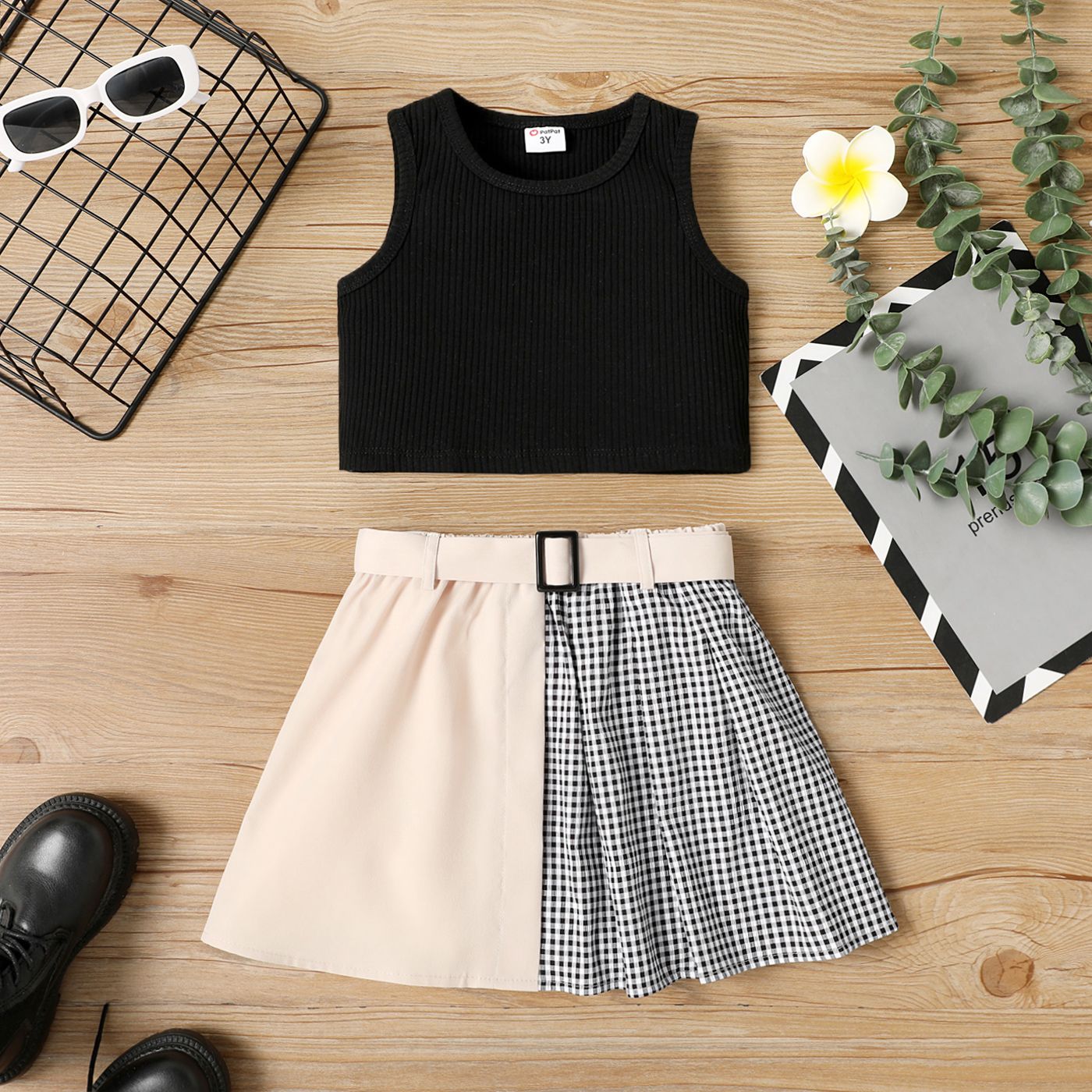 

3pcs Toddler Girl Ribbed Sleeveless Tee and Plaid Colorblock & Belt Set