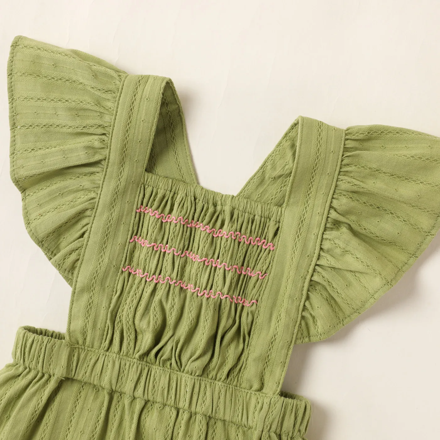 Baby Girl 100% Cotton Textured Solid Textured Ruffled Overalls Pants Green image 3