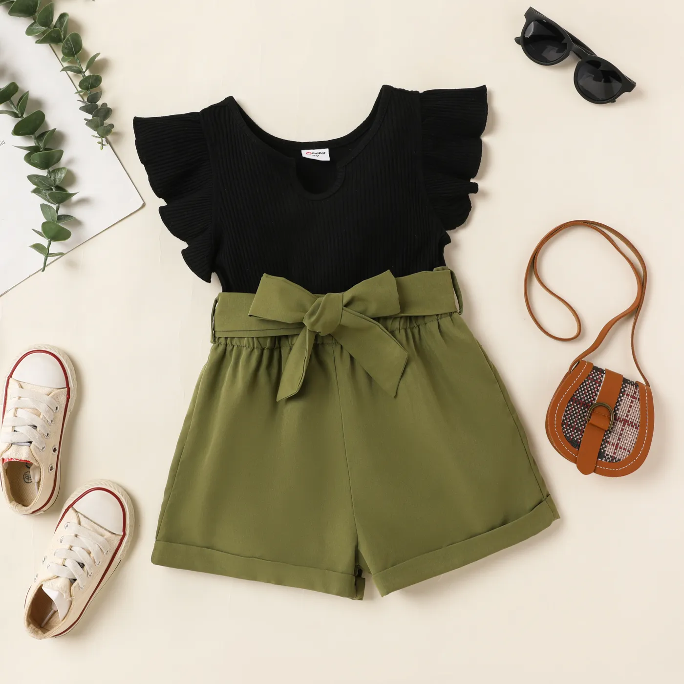 Toddler Girl Two Tone Splice Flutter-sleeve Belted Ribbed Romper Black big image 1