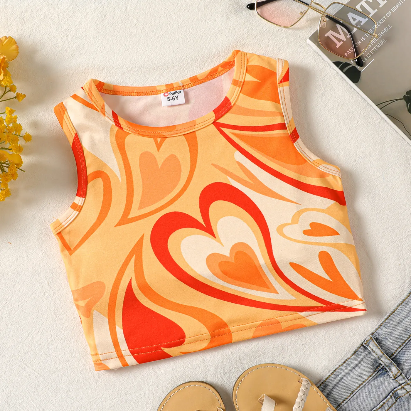Kid Girl Heart Print Tank Top Orange
