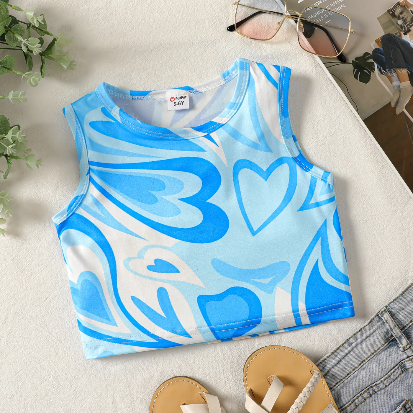 Kid Girl Heart Print Tank Top Blue