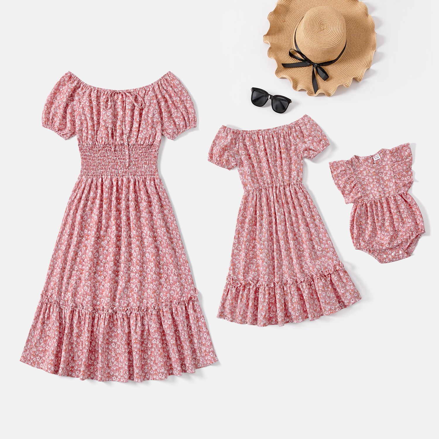 

Mommy and Me Allover Floral Print Off Shoulder Short-sleeve Dresses