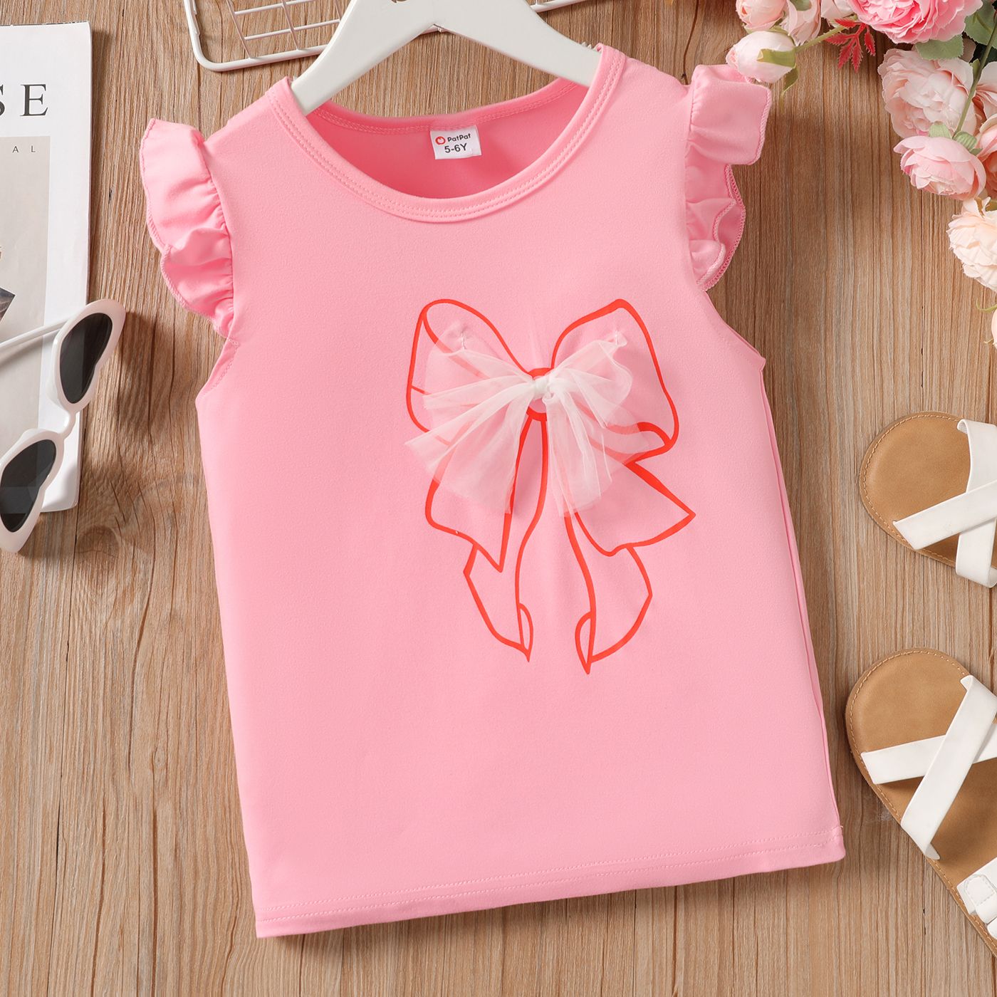 T-shirt à Manches Flottantes Design 3d Bowknot Pour Fille Enfant