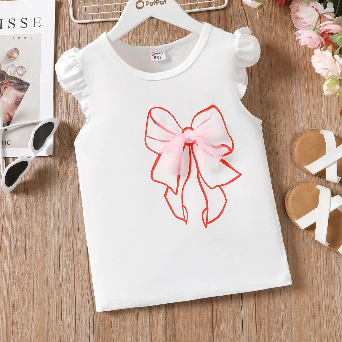 T-shirt à Manches Flottantes Design 3d Bowknot Pour Fille Enfant