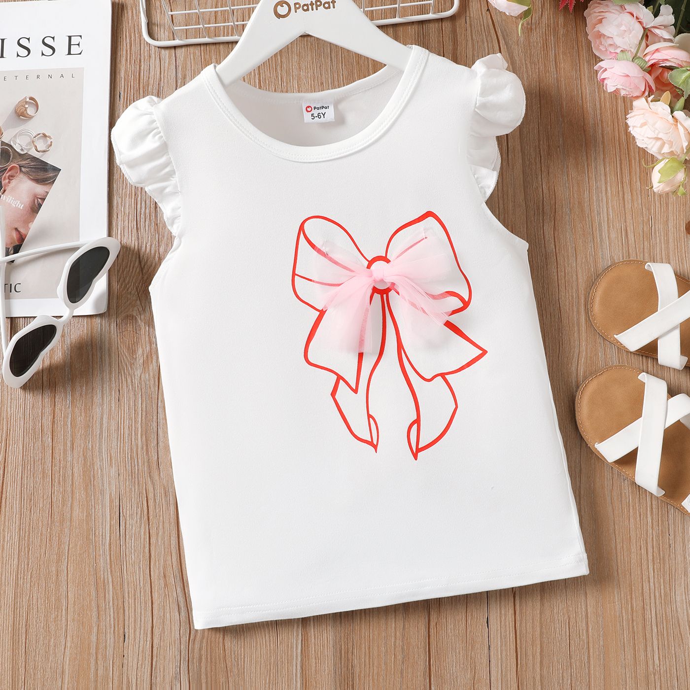 

Kid Girl 3D Bowknot Design Flutter-sleeve Tee