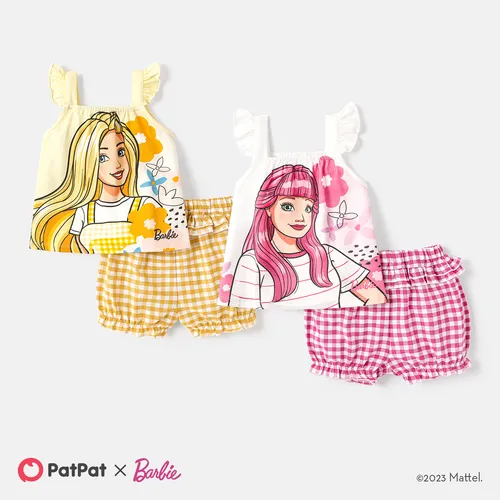Barbie Toddler Girl 2pcs Character Print Cotton Camisole Ruffled Plaid Shorts Set