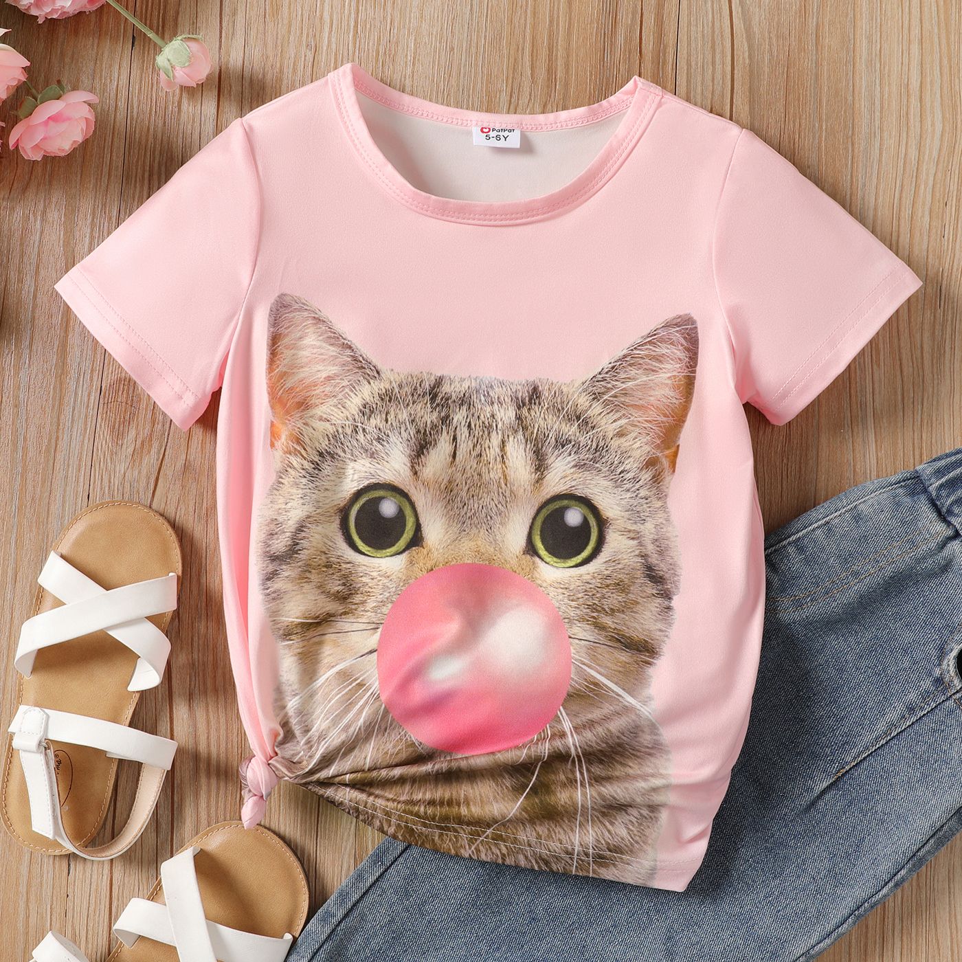 

Kid Girl Cute Cat Print Short-sleeve Tee