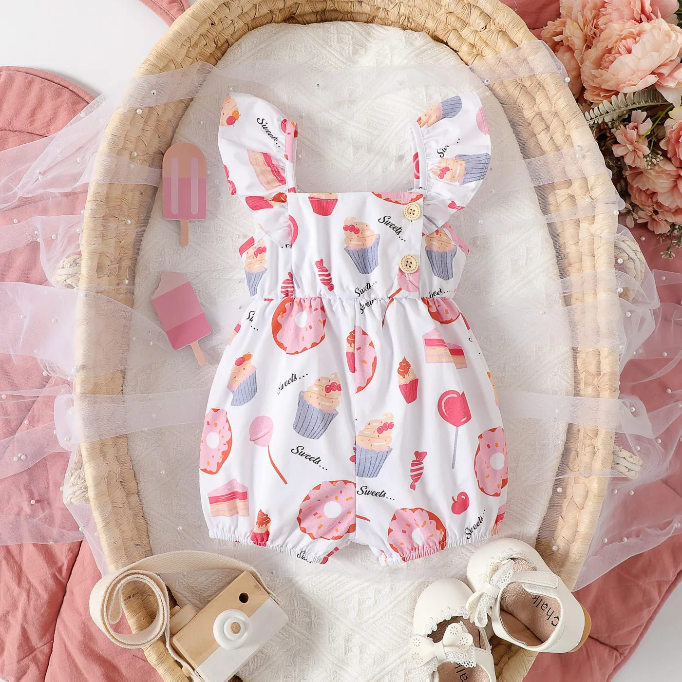 Baby Girl 100% Cotton Allover Food Print Ruffled Overalls Shorts