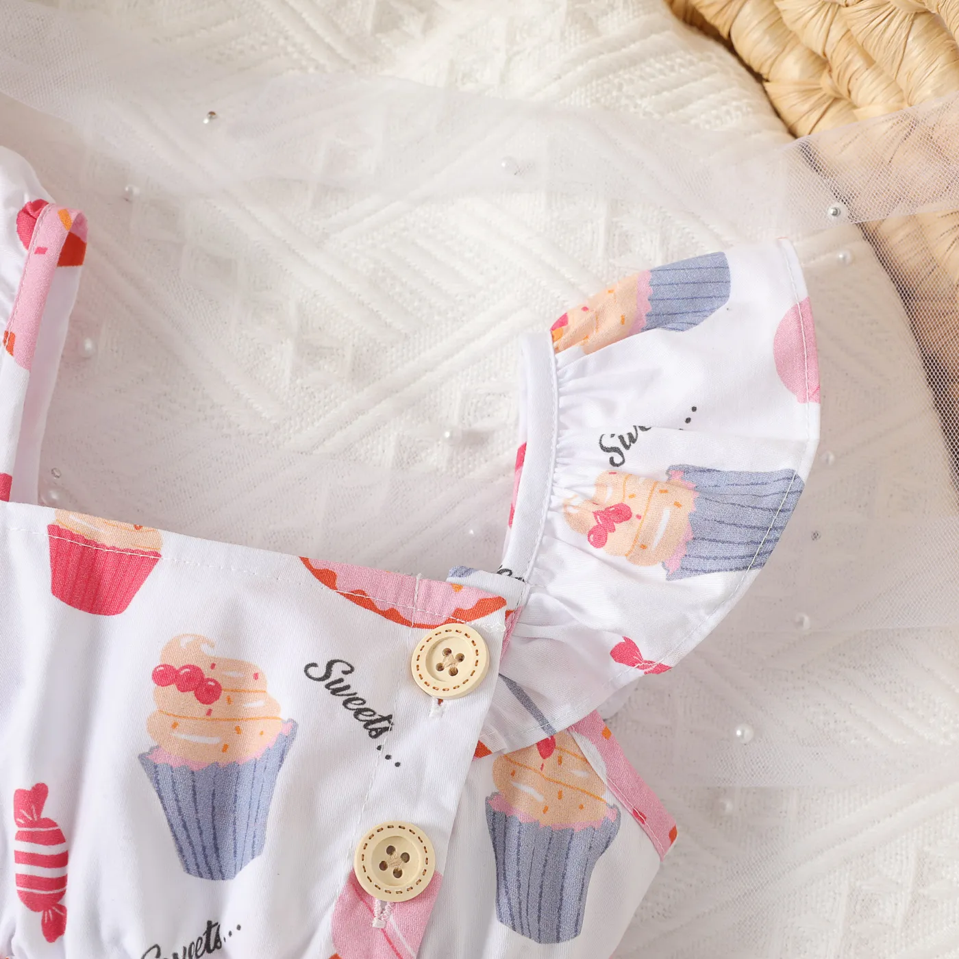 Baby Girl 100% Cotton Allover Food Print Ruffled Overalls Shorts  image 3