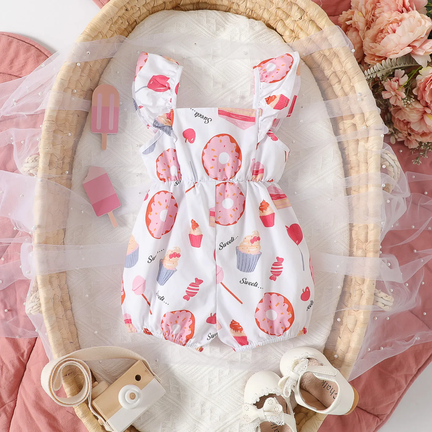 Baby Girl 100% Cotton Allover Food Print Ruffled Overalls Shorts  image 2