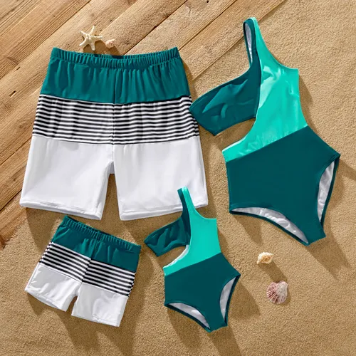 Family Matching Colorblock One Shoulder Cut Out One-piece Swimsuit and Striped Spliced Swim Trunks Shorts