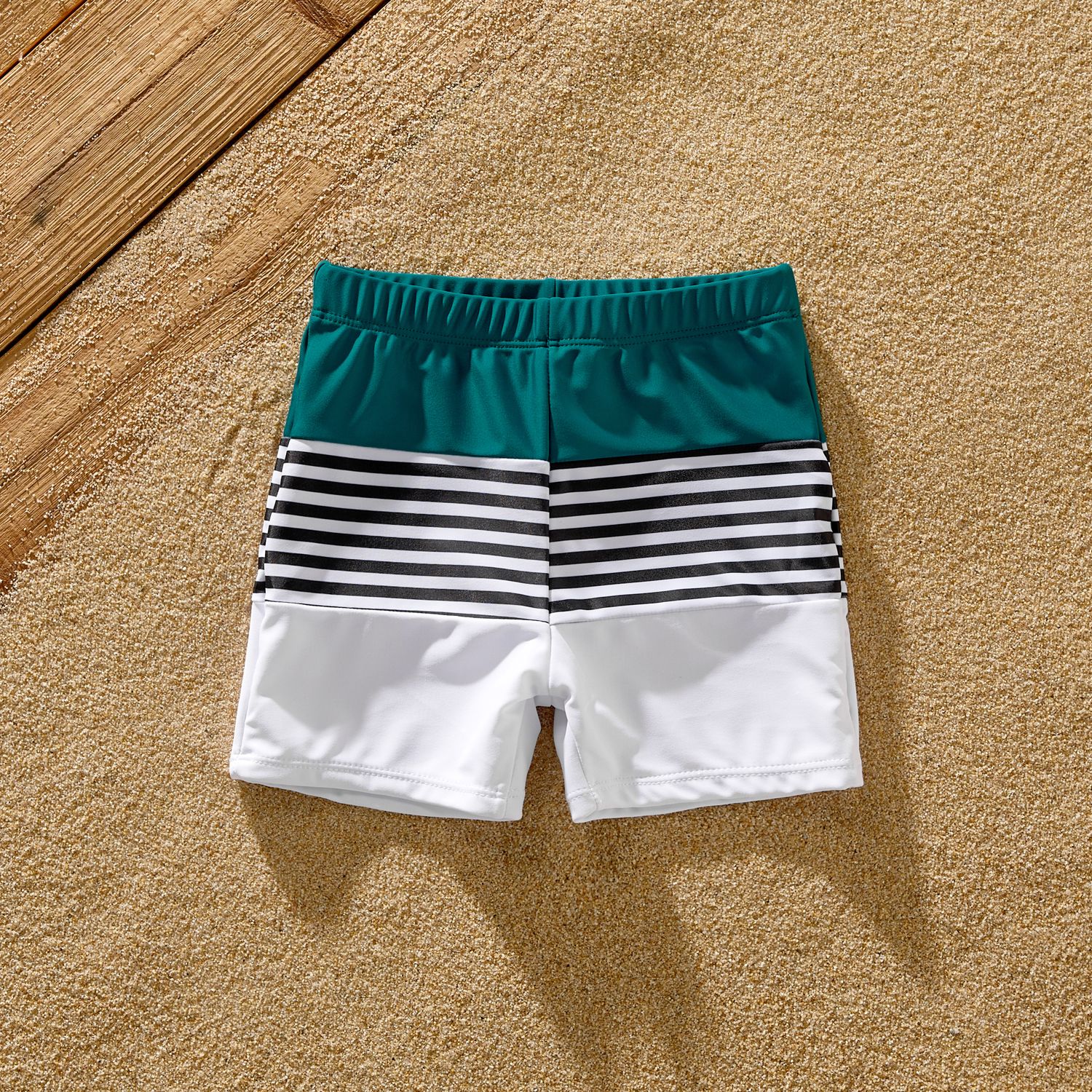 Family Matching Colorblock One Shoulder Cut Out One-piece Swimsuit And Striped Spliced Swim Trunks Shorts