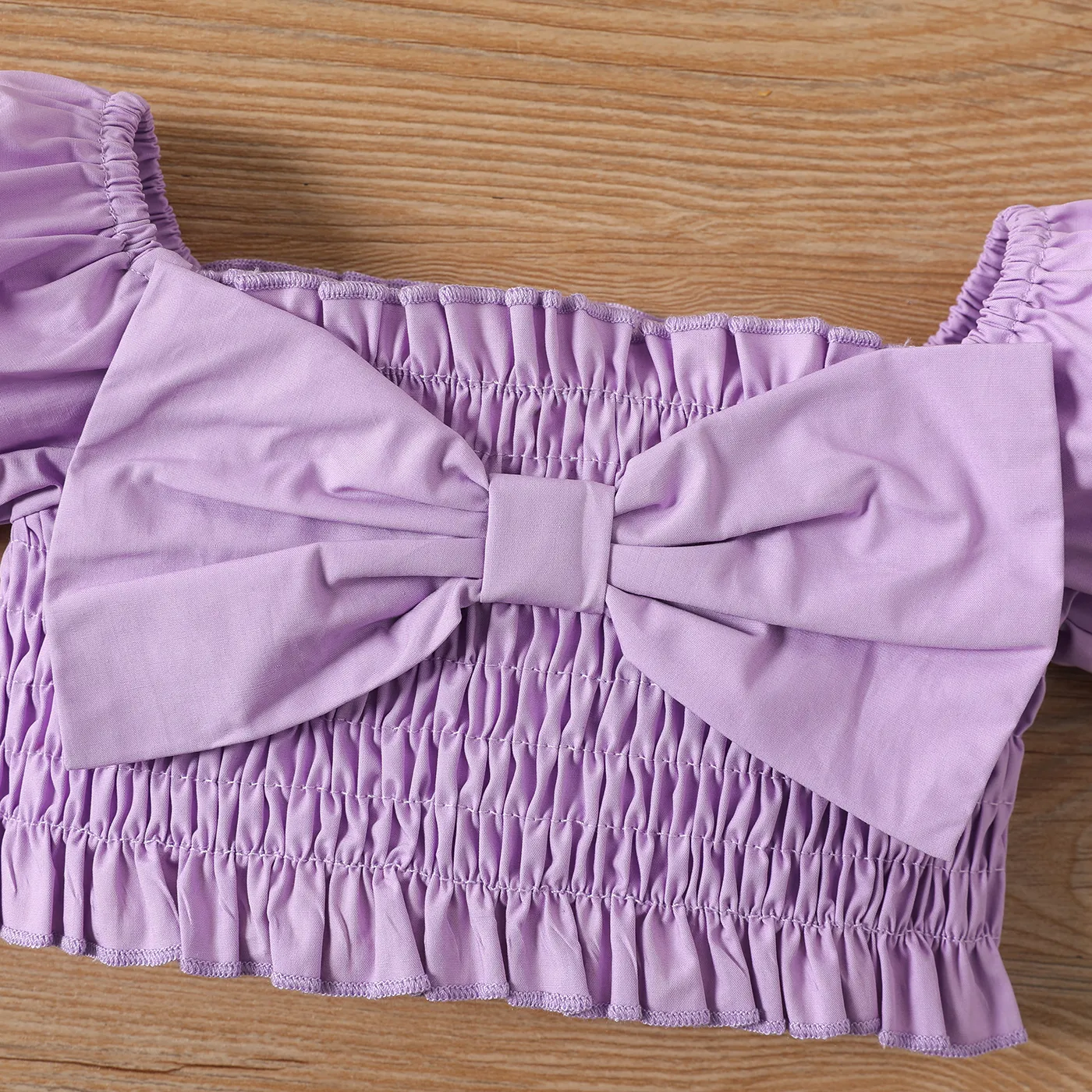3pcs Baby Girl 100% Cotton Off Shoulder Puff-sleeve Bow Front Shirred Top and Allover Butterfly Print Shorts & Headband Set  image 4