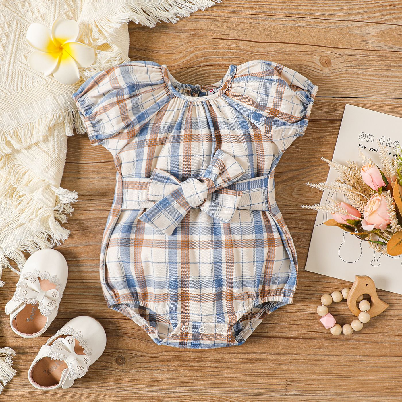 Baby Girl Plaid Puff-sleeve Belted Romper