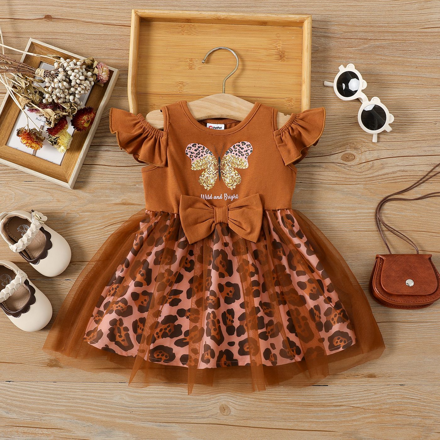 Baby Girl Cotton Cold Shoulder Flutter-sleeve Butterfly Graphic Spliced Leopard Print Mesh Fairy Dre