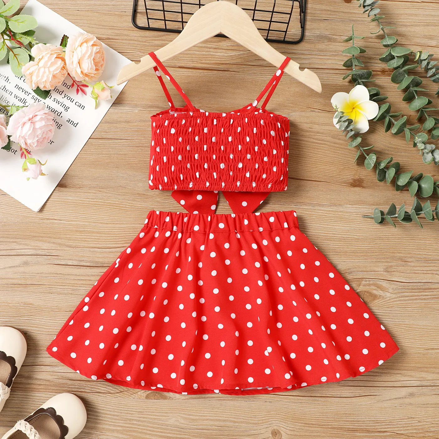 2pcs Toddler Girl Bow Front Polka Dots Camisole and Skirt Set  image 4