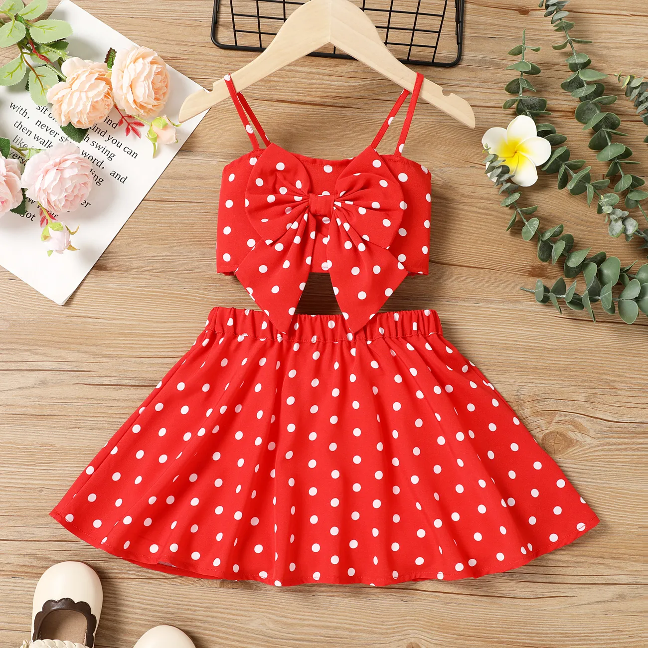 2pcs Toddler Girl Bow Front Polka Dots Camisole and Skirt Set  big image 1