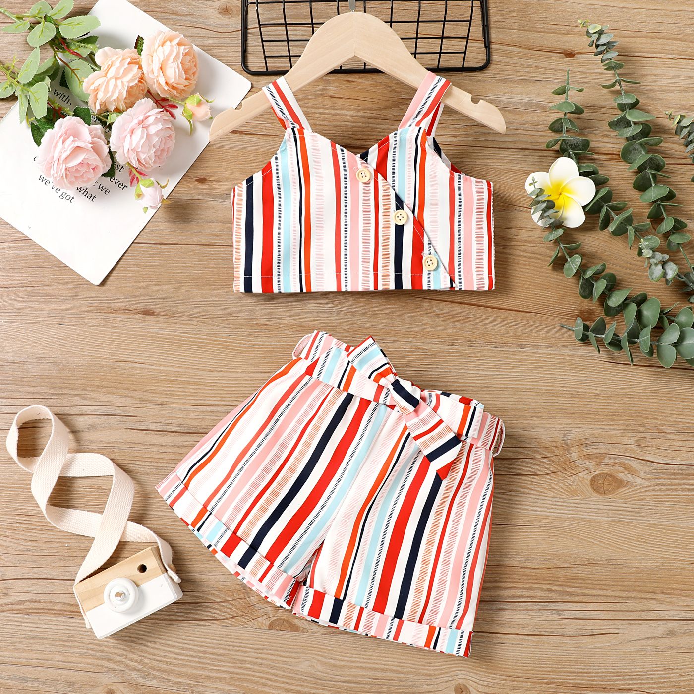

2Pcs Toddler Girl Basic Stripe Button Wrap Cami Top & Belted Shorts Set