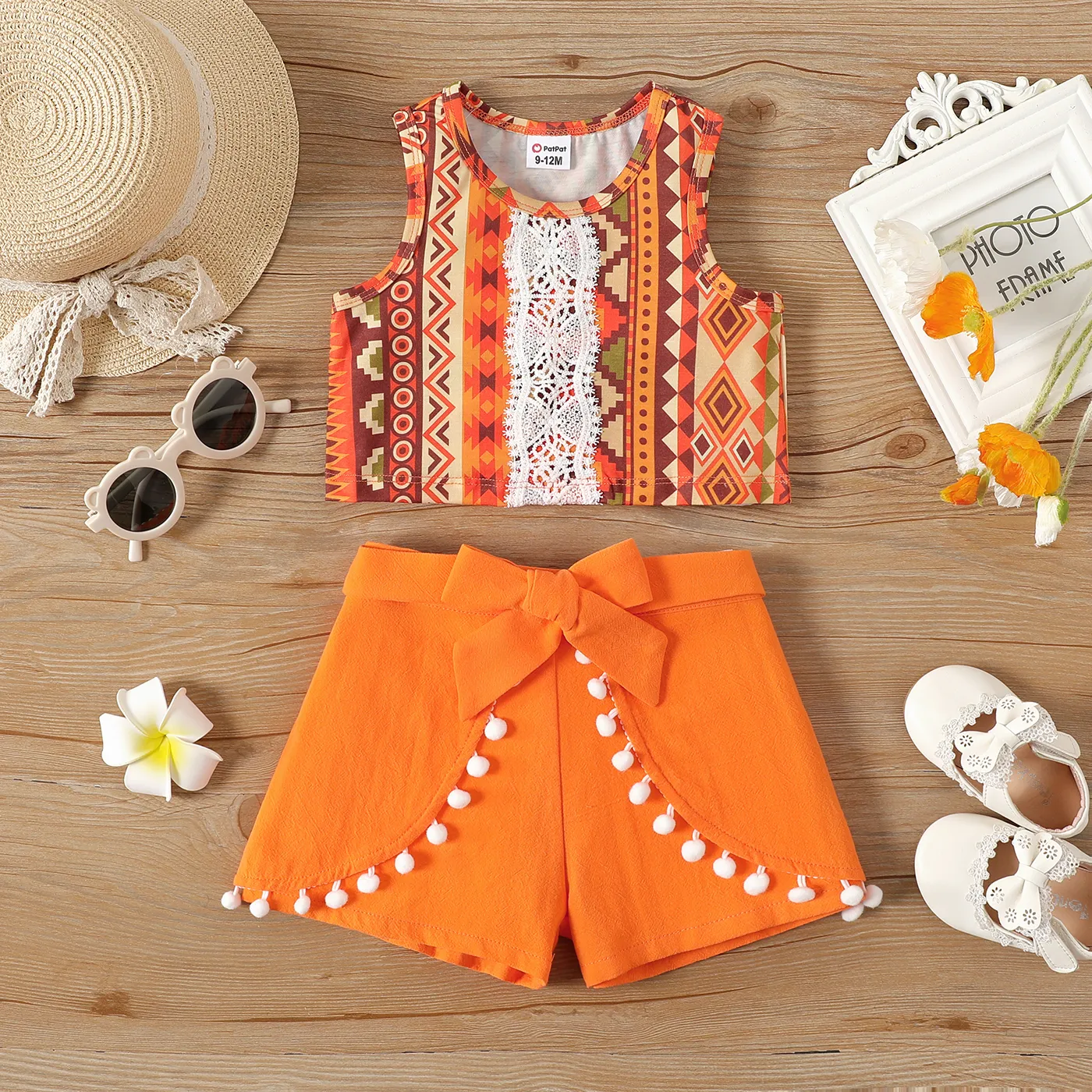 2pcs Baby Girl Lace Detail Allover Geo Print Naia™ Tank Top and 100% Cotton Pom Poms Decor Belted Shorts Set Colorful image 2