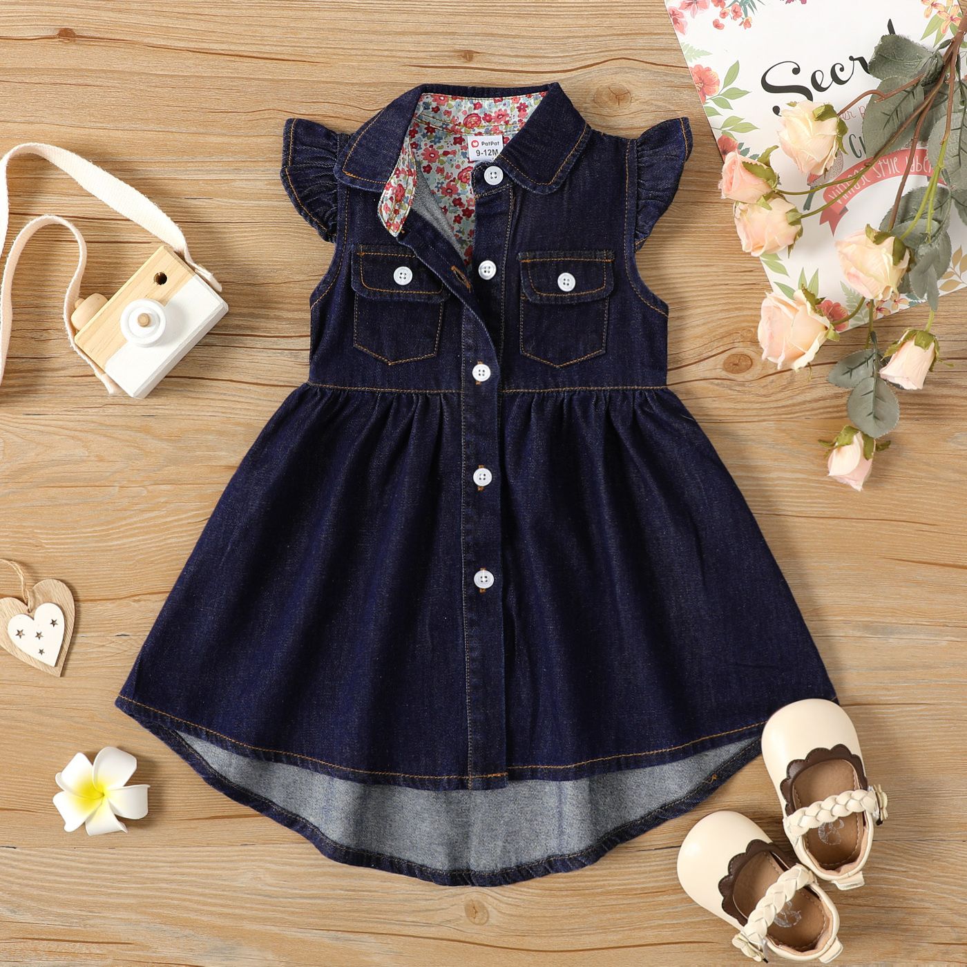 

Baby Girl 95% Cotton Button Front Solid Denim Flutter-sleeve Dress