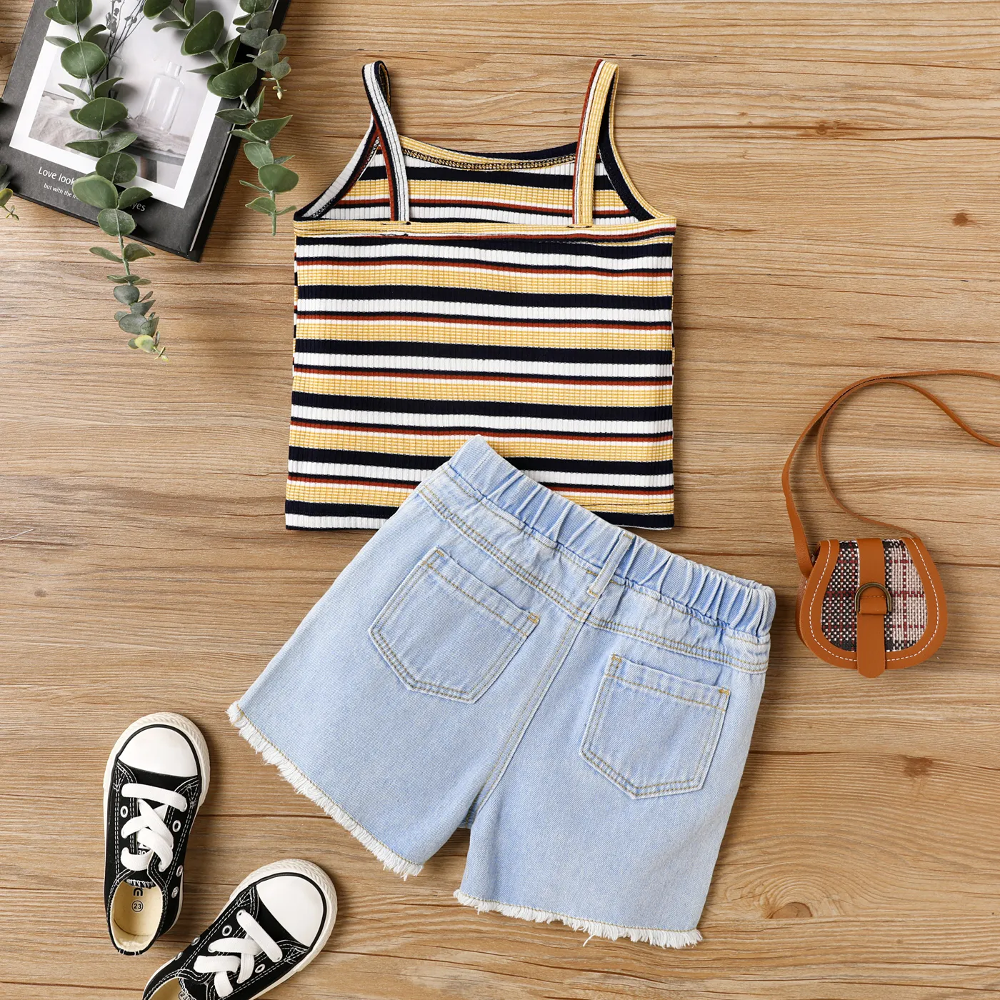 2pcs Toddler Girl Stripe Camisole and Ripped Denim Shorts Set  image 2