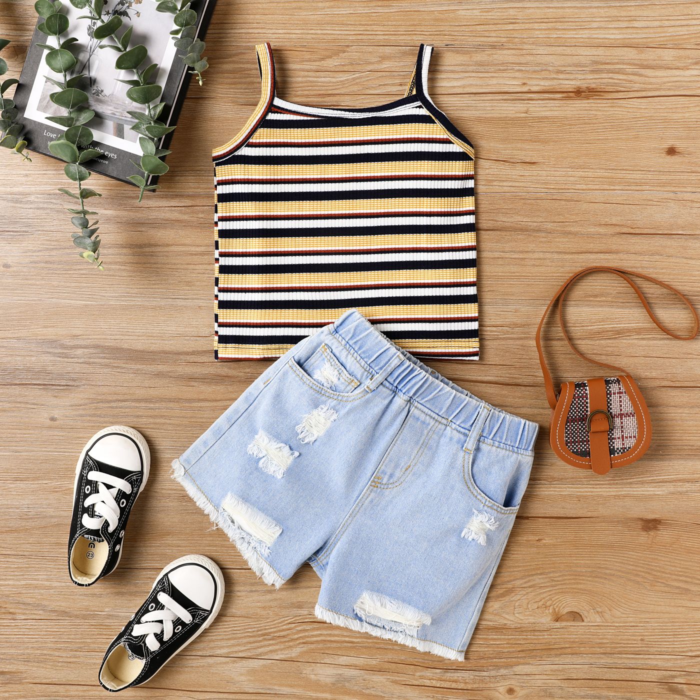 2pcs Toddler Girl Stripe Camisole And Ripped Denim Shorts Set