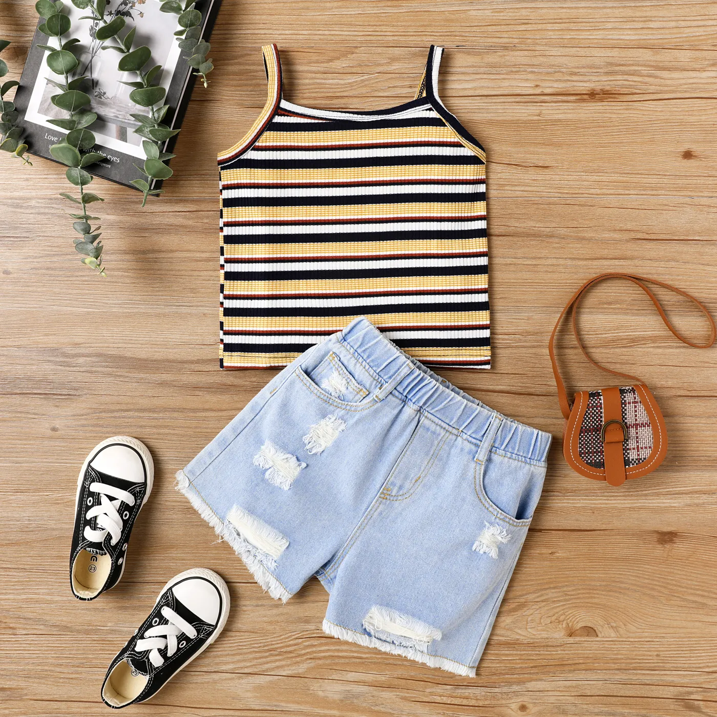 2pcs Toddler Girl Stripe Camisole and Ripped Denim Shorts Set  big image 1